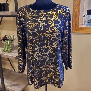 JM Collection Black Top with Gold Metallic Print
